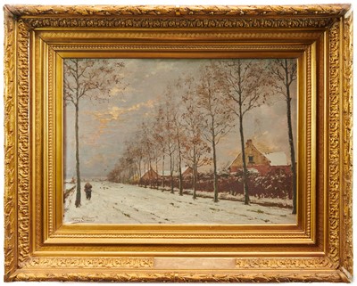 Lot 1098 - Frans Simons (1855-1919) oil on canvas, figure in a snowy street, signed.