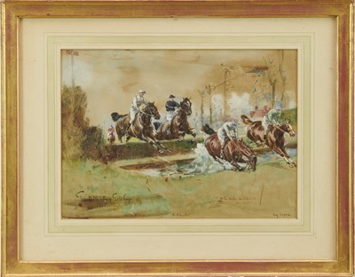 Lot 996 - John Beer (1860-1930) pair of watercolours and body colour - 'Finish for the Gold Cup, Sandown Park' and the 'Grand Military Gold Cup 1905'