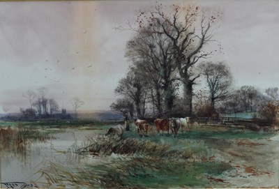 Lot 229 - Henry Charles Fox (1860-1929) watercolour, figure and cattle by the river, signed and dated 1903.