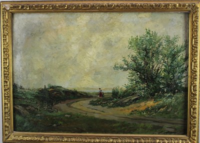 Lot 1073 - Edoude Lamment (late 19th century) oil on panel, figures on a path.