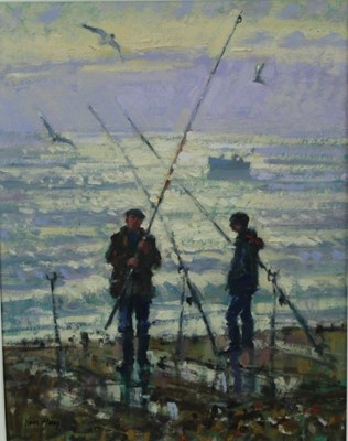 Lot 980 - *Ian Hay (b.1940) oil on board, Fishing at Aldeburgh, signed, 28cm x 21.5cm, in glazed frame