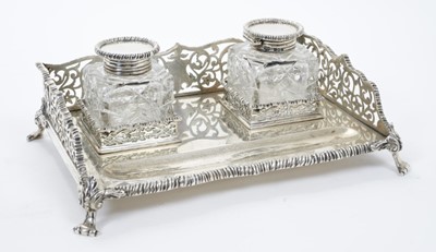 Lot 315 - Late Edwardian silver ink stand of rectangular form, with pierced upstand and gadrooned borders