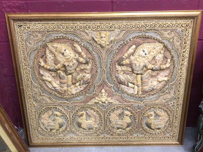 Lot 306 - Thai/ Burmese embroidery decorated with gilt thread, beads and sequins, framed