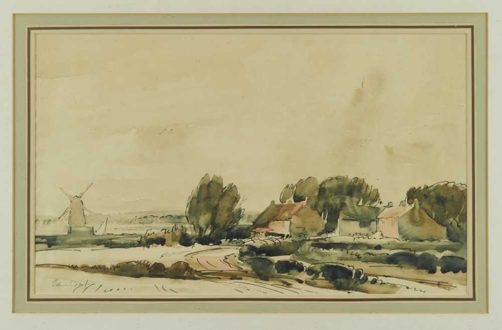 Lot 1010 - Edward Seago (1910-1974) pen and wash, Windy day, Thurne, signed, with original Colnaghi’s label verso.