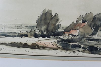 Lot 1010 - Edward Seago (1910-1974) pen and wash, Windy day, Thurne, signed, with original Colnaghi’s label verso.