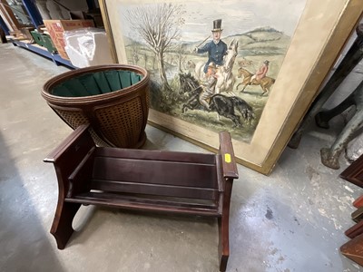 Lot 289 - Art Nouveau patent adjustable book trough, caned waste paper basket and a hunting print