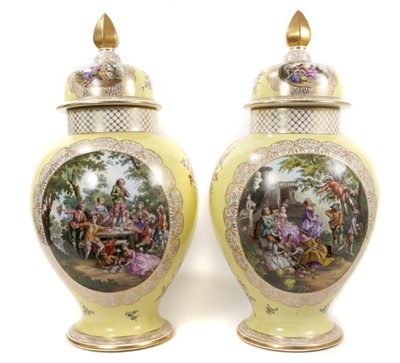 Lot 160 - Pair of Dresden vases and covers