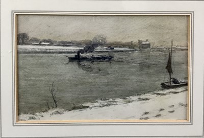 Lot 89 - Early 20th century pencil and wash - steam tug on a river, indistinctly signed, 22cm x 14cm