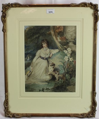 Lot 1070 - English School, watercolour in the 18th century style - a lady and dog in a garden, 32cm x 25cm, in glazed gilt frame