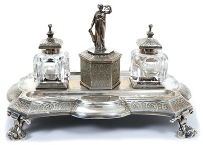 Lot 324 - Victorian silver ink stand of shaped rectangular form, with engraved Gothic style decoration