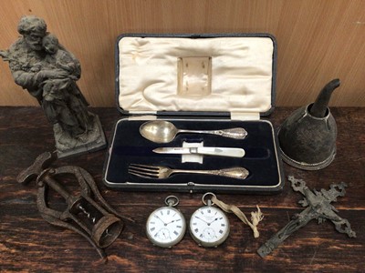 Lot 963 - Two pocket watches, silver and mother of pearl fruit knife, silver spoon and fork in fitted case and sundries