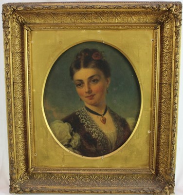 Lot 1206 - Arthur Miles (act, 1851-1880), oil on board - oval portrait of a pretty young lady, indistinctly signed, 29cm x 24cm, in gilt frame