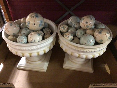 Lot 653 - Two urns with decorative painted balls and wooden mantel clock