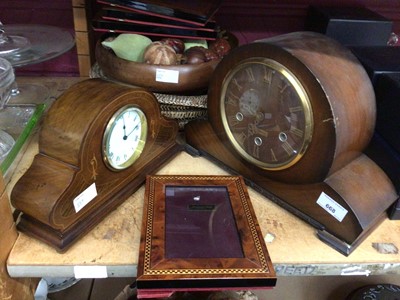 Lot 668 - Two wooden mantel clocks, four marquetry picture frames and sundries