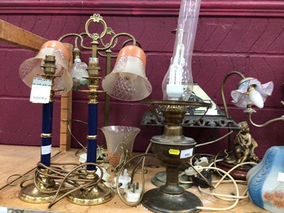 Lot 684 - Pair of vintage twin branch table lamps, pair of candle stick lamps, pair of cherub candle sticks, candelabra and other lamps