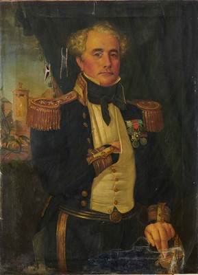 Lot 1210 - English School, mid 19th century, oil on canvas - portrait of a Naval officer, indistinctly signed, dated 1846, 101cm x 73cm, unframed