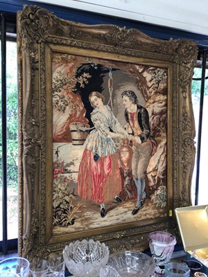 Lot 224 - Victorian tapestry in gilt frame together with a Victorian tapestry footstool and a tapestry cushion (3)