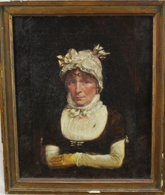 Lot 986 - Manner of John Constable (1776-1837) oil on canvas - portrait of a lady in a bonnet, 30.5cm x 25.5cm, in gilt frame