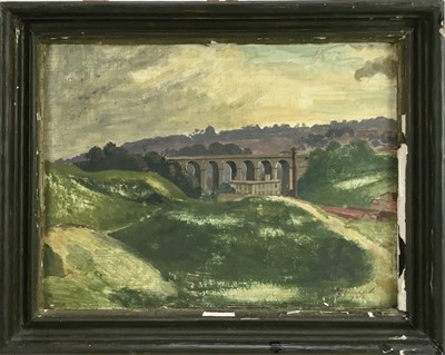 Lot 200 - Roland Vivian Pitchforth (1895-1982) oil on board, The Viaduct, signed and dated 1922, 24cm x 31cm, in painted frame