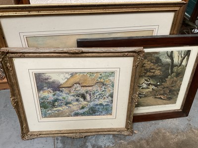 Lot 212 - Cyril Ward (1863-1935) - watercolour in glazed gilt frame - country cottage, a Victorian watercolour and a colour print in glazed Victorian rosewood veneered frame (3)