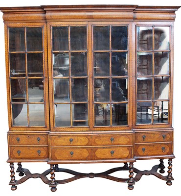 Lot 1352 - William & Mary revival walnut breakfront bookcase with seaweed marquetry inlaid decoration