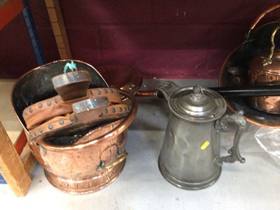 Lot 720 - Selection of copper including coal helmets, warming pan, kettle and pewter jug with lid