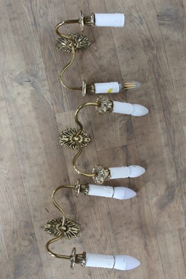 Lot 194 - Antique-style brass hanging electrolier and three matching twin light wall brackets, with shades