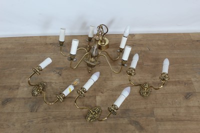 Lot 194 - Antique-style brass hanging electrolier and three matching twin light wall brackets, with shades