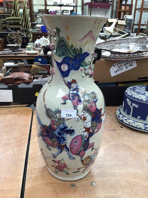 Lot 724 - Large 19th century Chinese famille rose crackle glazed vase, decorated with warriors on horseback and two Chinese Celadon dishes