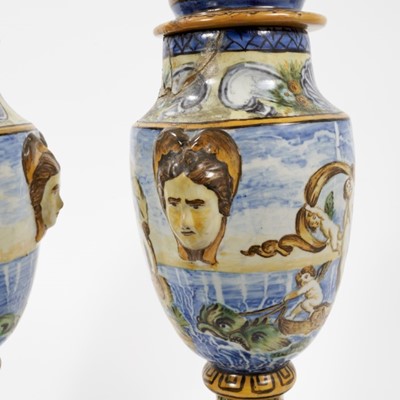 Lot 112 - Pair of unusual antique Italian Maiolica vases with lids formed as oil lamps