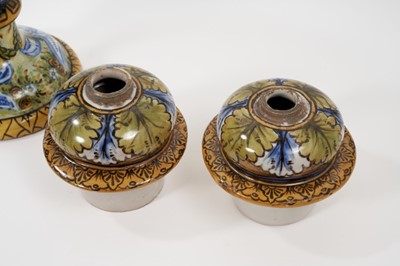 Lot 112 - Pair of unusual antique Italian Maiolica vases with lids formed as oil lamps