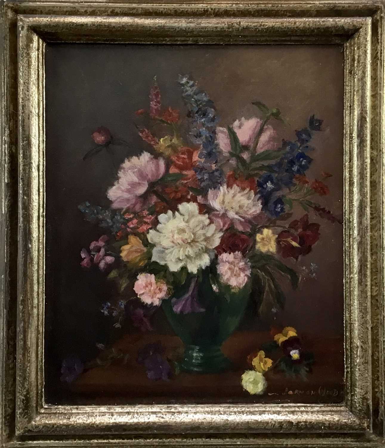 Lot 52 - Attributed to Vernon de Beauvoir Ward (1905-1985) oil on canvas - still life of summer flowers, signed, 29cm x 24cm in silvered frame.