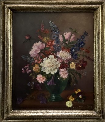 Lot 134 - Attributed to Vernon de Beauvoir Ward (1905-1985) oil on canvas - still life of summer flowers, signed, 29cm x 24cm in silvered frame.