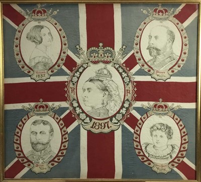 Lot 55 - Queen Victoria Diamond Jubilee commemorative scarf, 65cm x 70cm in glazed frame