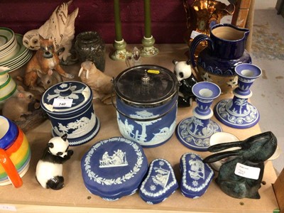 Lot 740 - Wedgwood Jasper blue & white ware, Heal & Son coffee ware, cranberry glasses, ornaments and box of sundry china