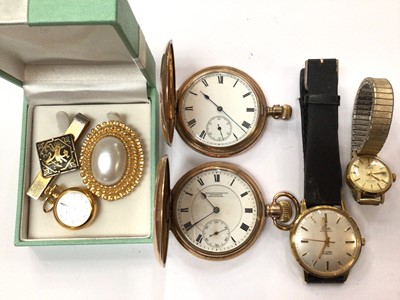 Lot 936 - 14ct gold cased ladies Stowa, gentleman's Stowa wristwatch, two gold plated full hunter pocket watches, Rotary fob watch and two clips