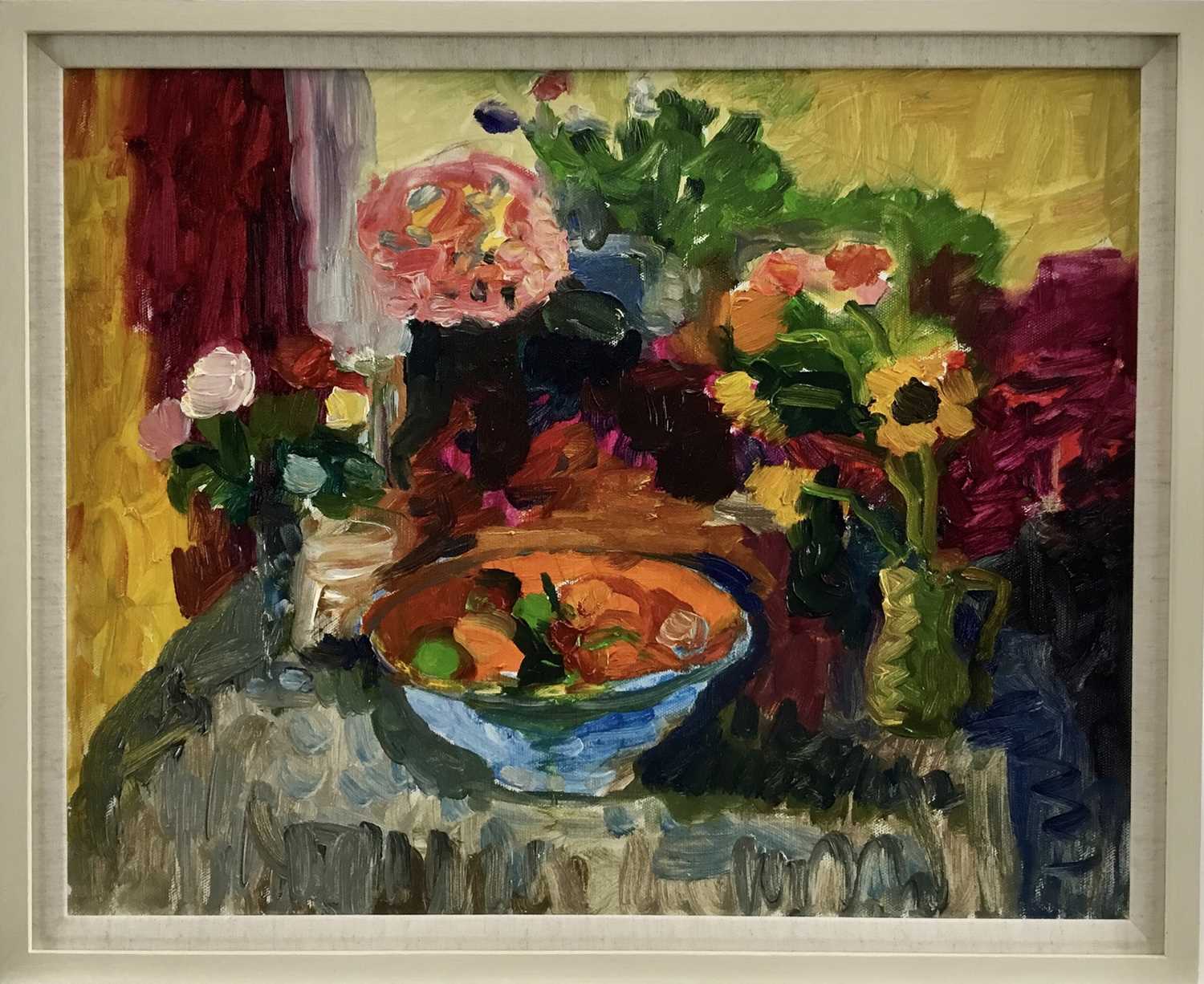 Lot 56 - Annelise Firth (b.1961) oil on board - still life with blue bowl, signed verso and dated 2018, framed, 39cm x 49cm