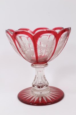 Lot 127 - Good pair of Bohemian flash cut ruby glass goblets, decorated with stags, hounds and horses, together with a similar pedestal bowl
