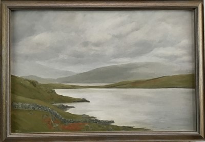 Lot 374 - English/Scottish School 20th century oil on board - Scottish landscape, monogrammed GPJ and dated '95, 61cm x 41cm in wooden frame
