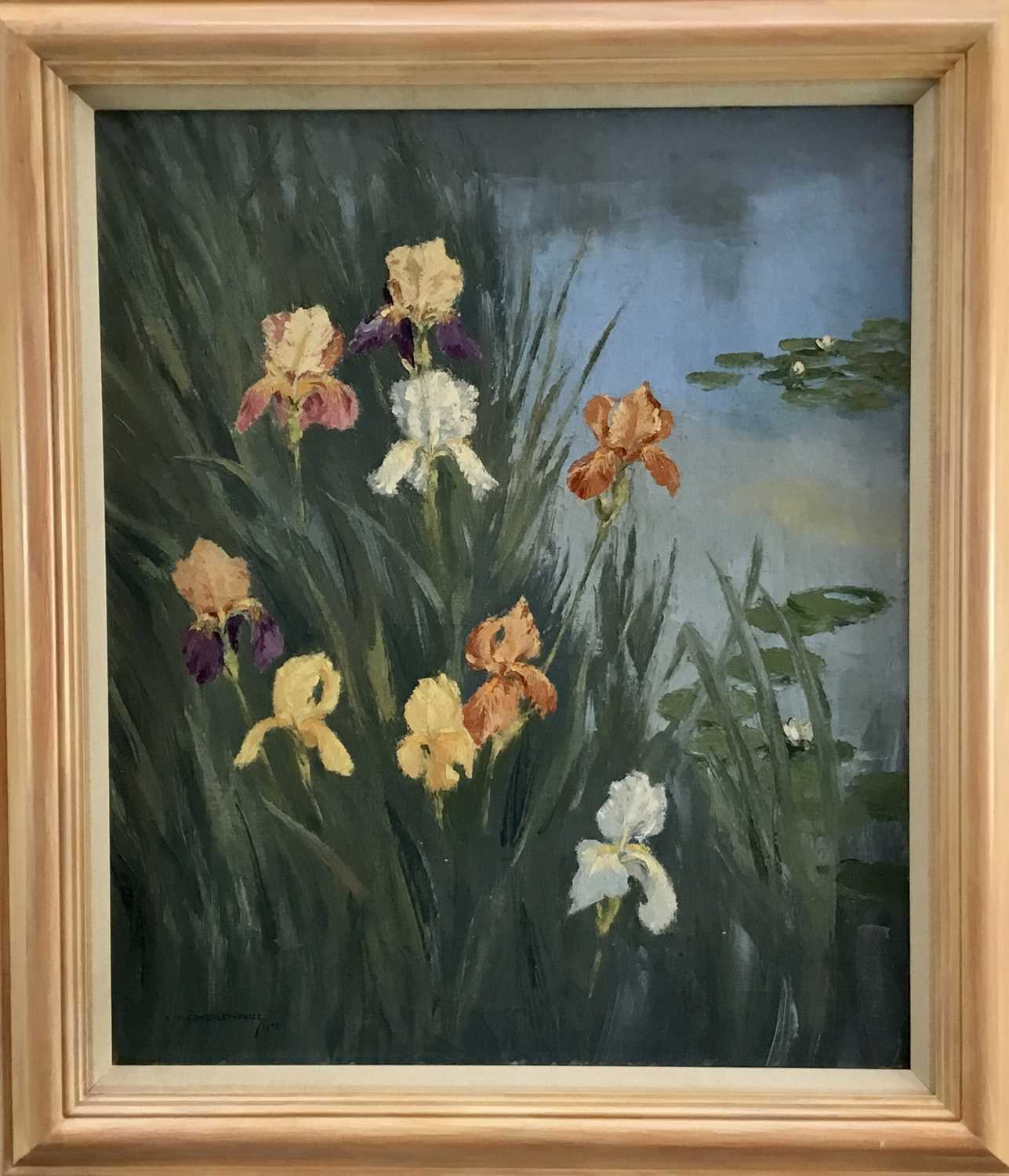Lot 60 - A. V. Coverley-Price (1901-1948) oil on canvas - 'Irises', signed and dated 1948, 55cm x 65cm, framed