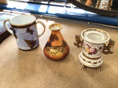 Lot 218 - A Royal Doulton vase painted with sheep, a Royal Worcester aesthetic style loving cup, and a 19th century inkwell, possibly Coalport