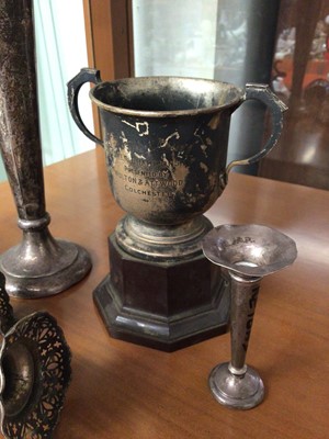 Lot 990 - Silver epergne, silver spill vase, miniature silver spil vase and silver two handled trophy on stand