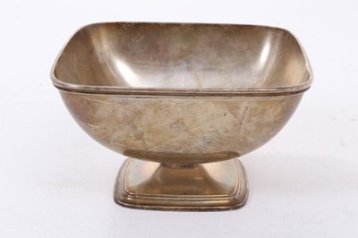 Lot 442 - American silver dish of square pedestal form, marked to base - sterling, also with import marks for London 1952, marked LAO for London Assay Office. all at 5ozs, 12cm in diameter