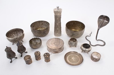 Lot 443 - Collection of Indian and Burmese silver and white metal items to include bowls, cruet set and napkin rings, 30.5ozs of weighable