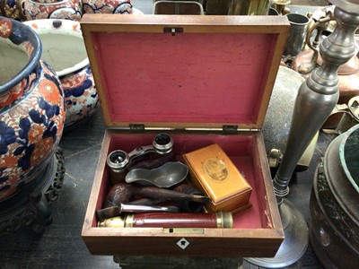 Lot 226 - Sundry items in a Victorian box, including two Dunhill pipes, Mauchline ware box and a telescope