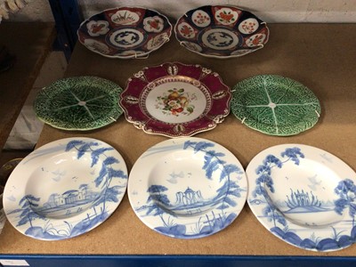 Lot 229 - Three blue and white Isis Ceramics dishes, together with two cabbage leaf dishes, a 19th century floral painted cabinet plate, and a pair of Imari plates