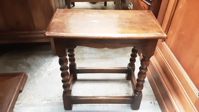 Lot 1184 - Two oak joint stools on bobbin turned supports joined by stretchers together with another with turned supports (3)