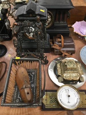 Lot 411 - Black slate mantel clock, other mantel clock, Porcupine quill basket, binoculars, brass inkwell and other items