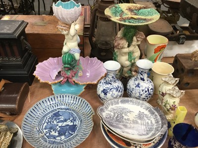 Lot 412 - Two Majolica table centrepieces, two 19th century transfer printed desert dishes, Chinese dish and other ceramics