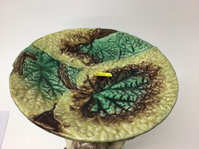 Lot 412 - Two Majolica table centrepieces, two 19th century transfer printed desert dishes, Chinese dish and other ceramics